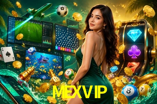 Una escena digital vívida inspirada en casino con MEXVIP mostrado prominentemente, luces brillantes, fichas, cartas y acentos dorados.