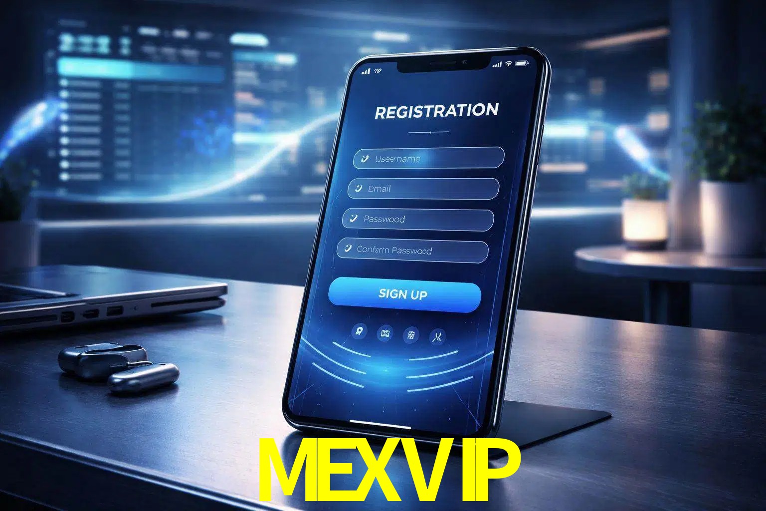 Una interfaz moderna de registro móvil para MEXVIP mostrada en un smartphone con un panel de apuestas elegante.